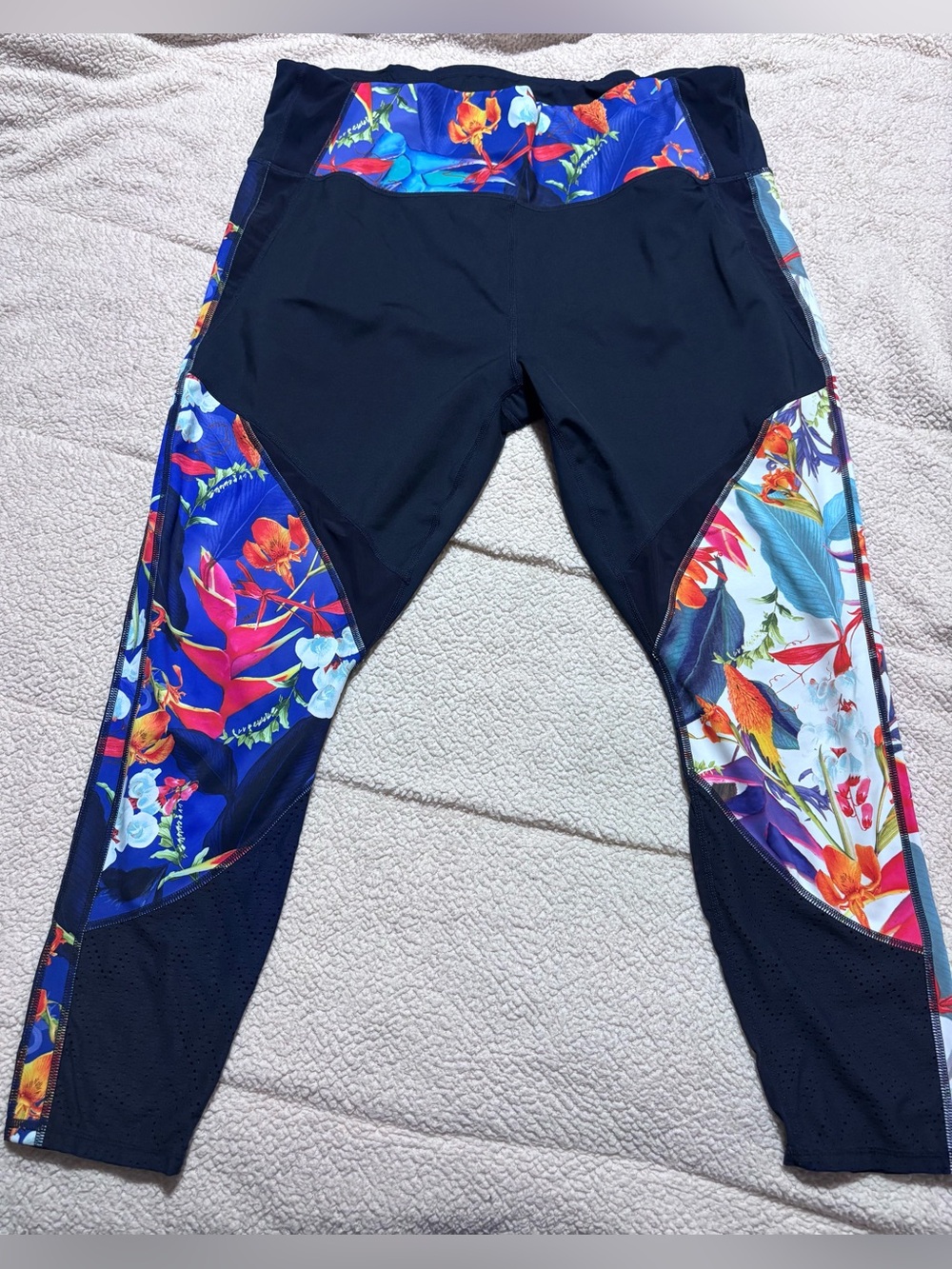 Athleta Black Leggings with Blue Floral Waistband